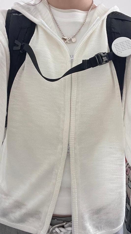 lucca linen blend sheer knit hoodie in white (pre-order)