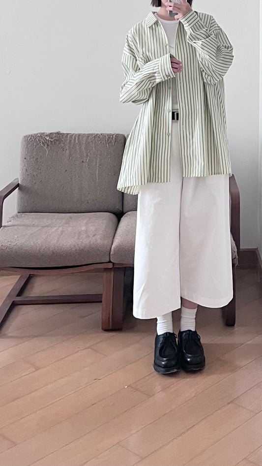 90s vintage off shoulder striped shirt in avocado green (pre-order)