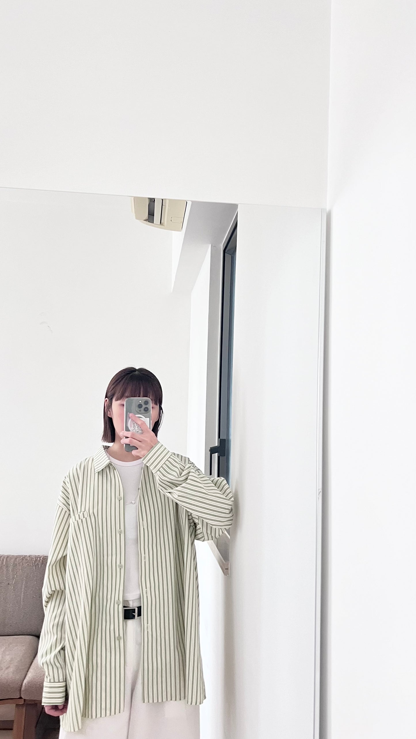 90s vintage off shoulder striped shirt in avocado green (pre-order)