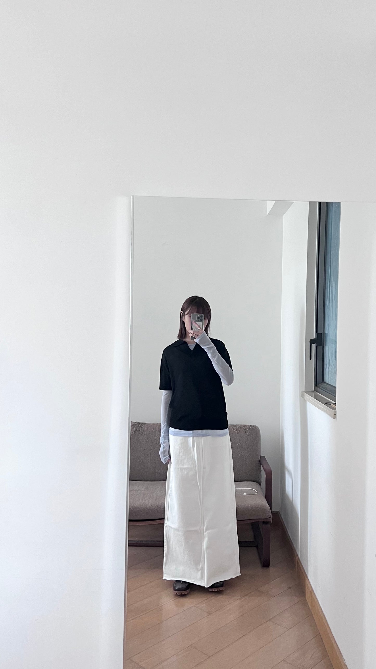 classic denim maxi skirt in off white