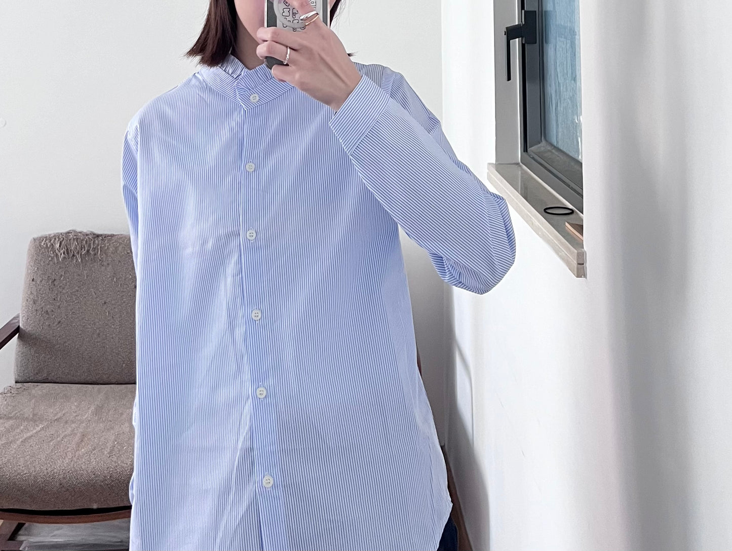 ruffle neck striped shirt in baby blue