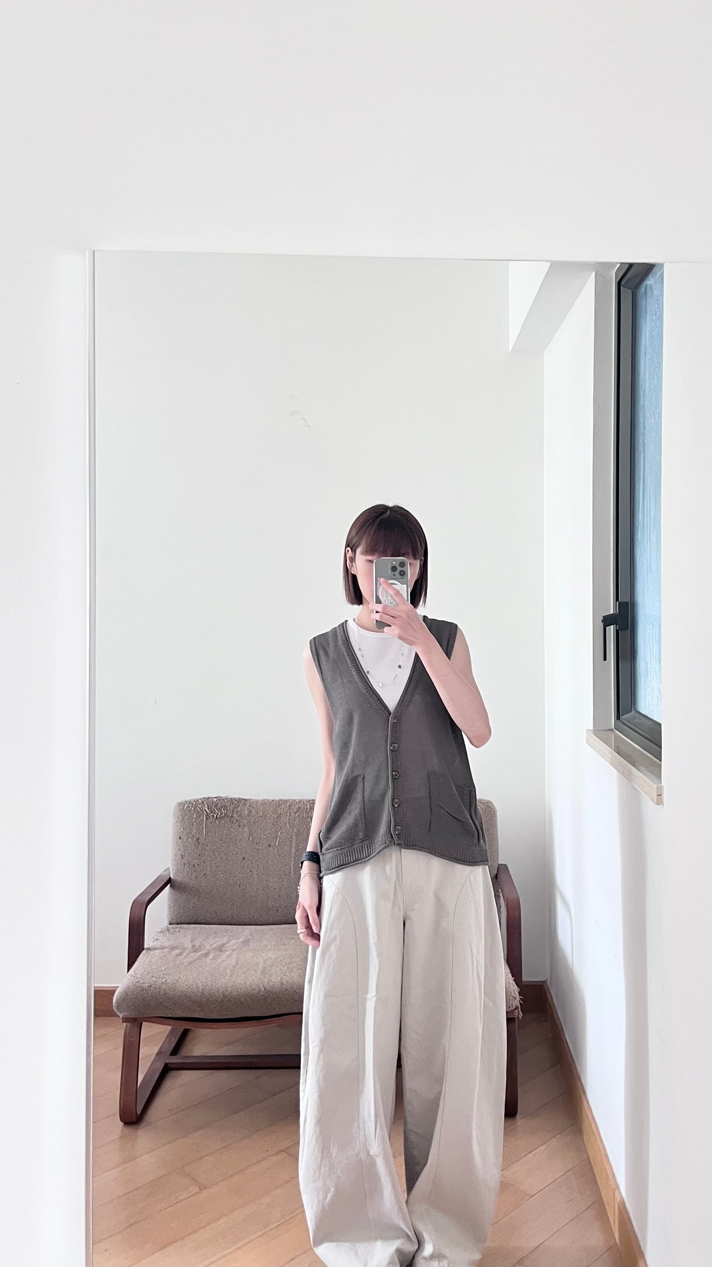sheer v-neck linen vest in khaki (pre-order)
