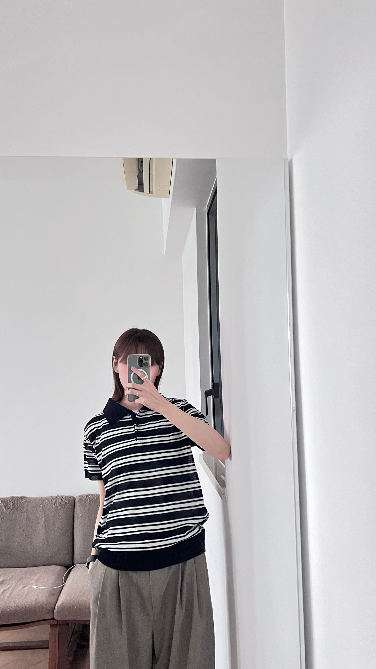 sheer stripe polo shirt in navy (pre-order)