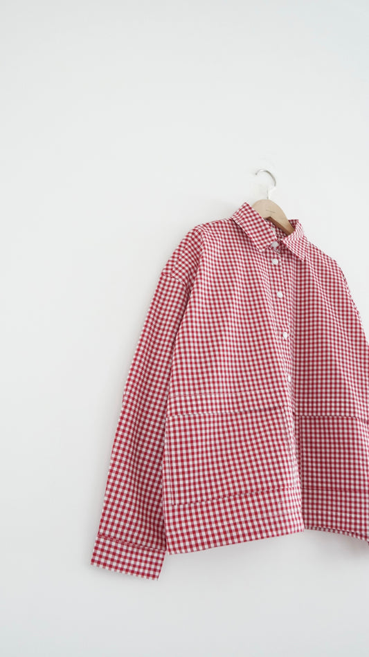 checked shirt jacket in cherry red