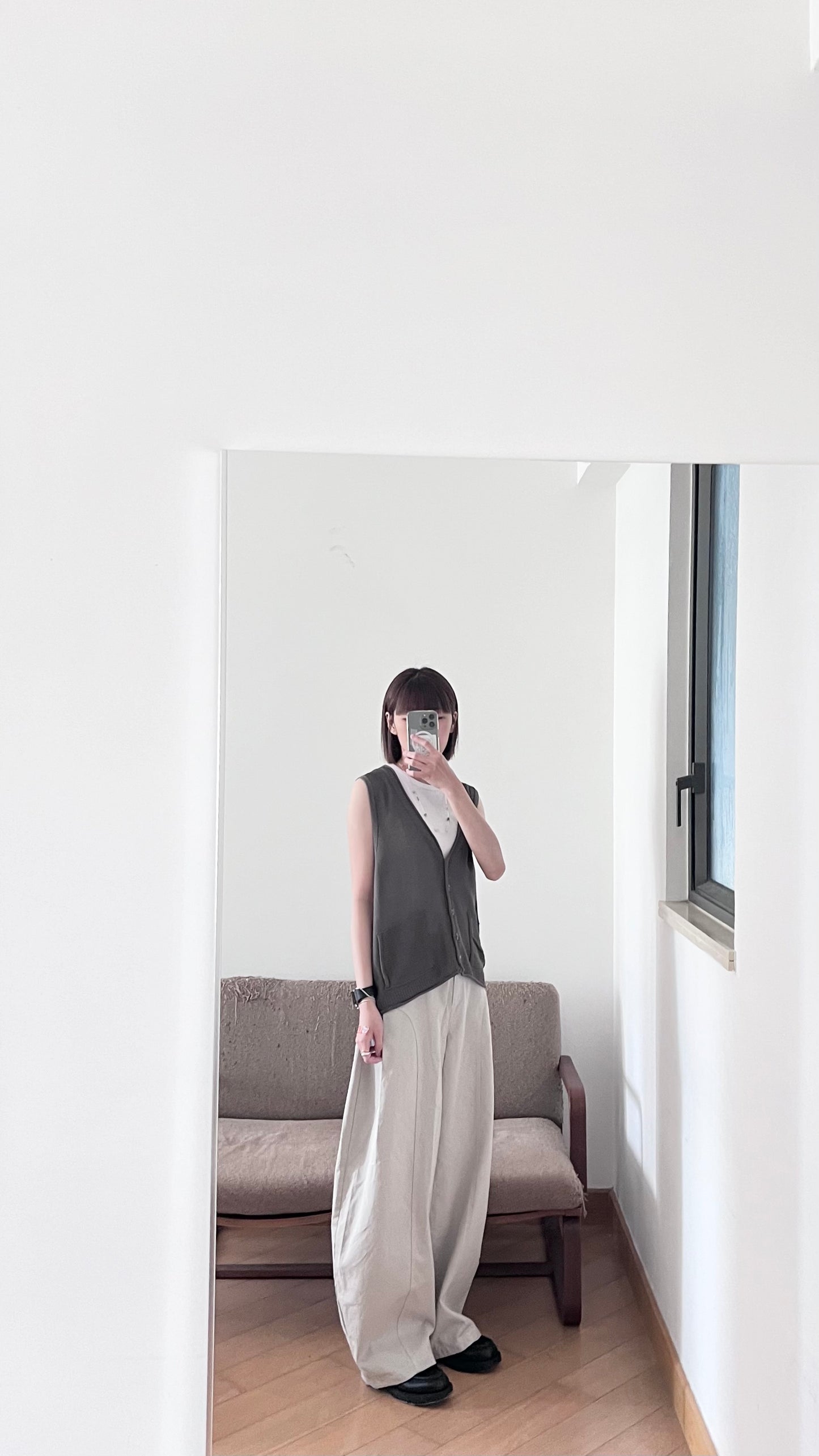 sheer v-neck linen vest in khaki (pre-order)
