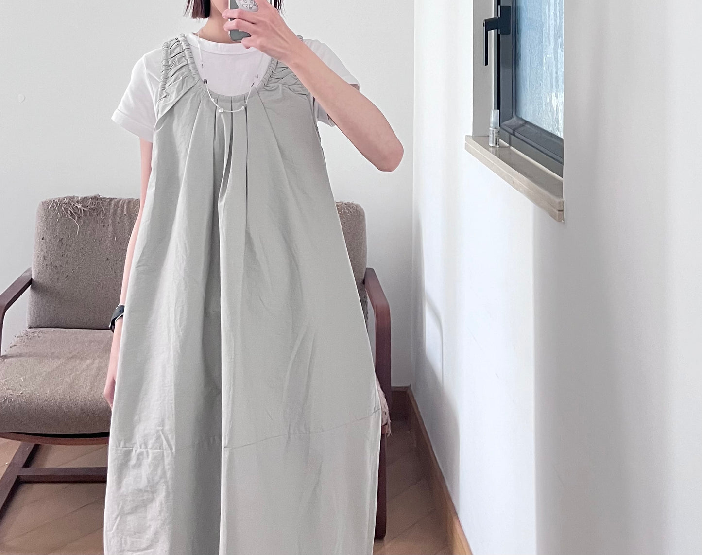 petal neck gathered dress in grey (pre-order)