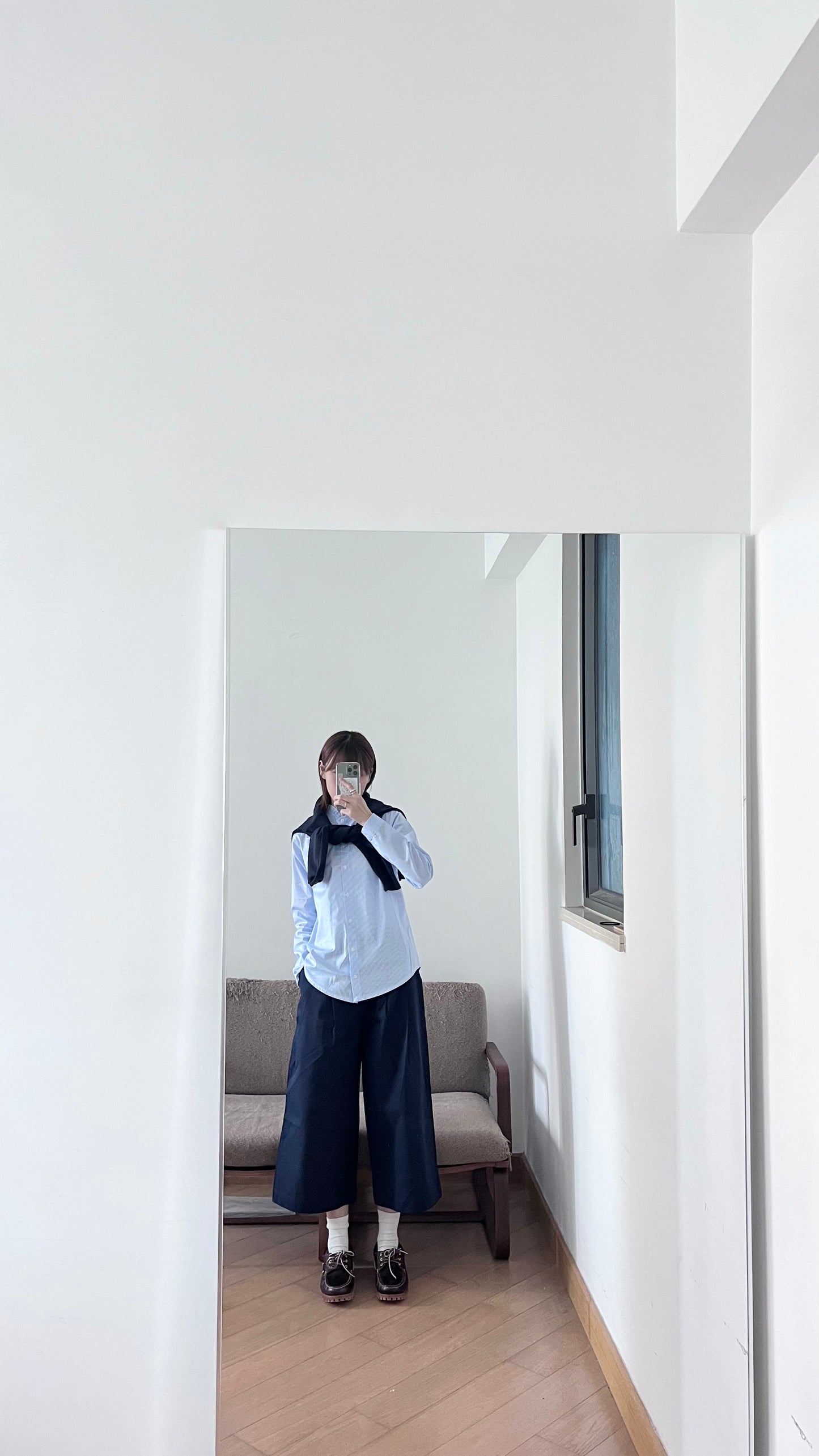 ruffle neck striped shirt in baby blue