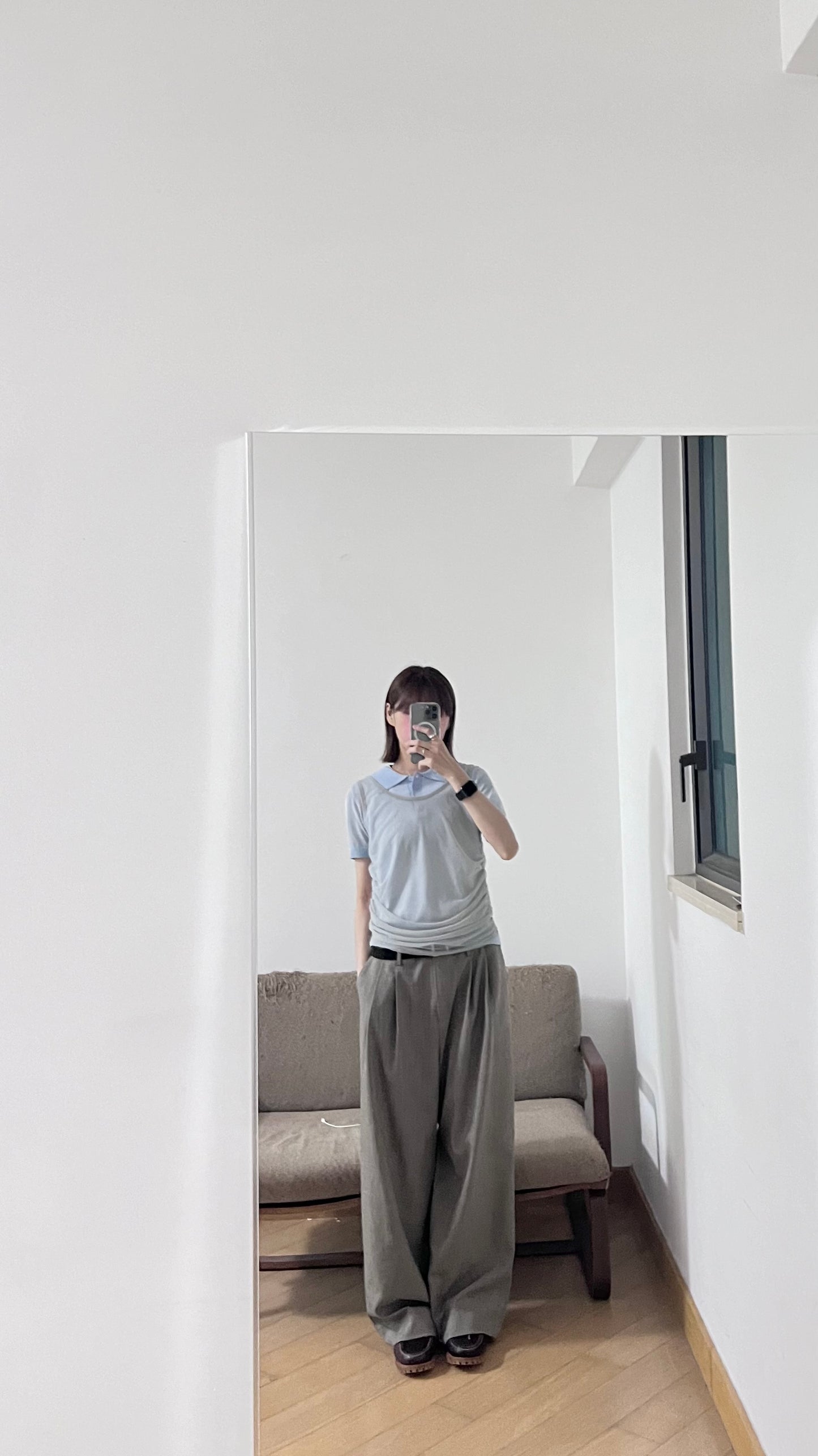 sheer buttoned polo shirt in baby-blue (pre-order)