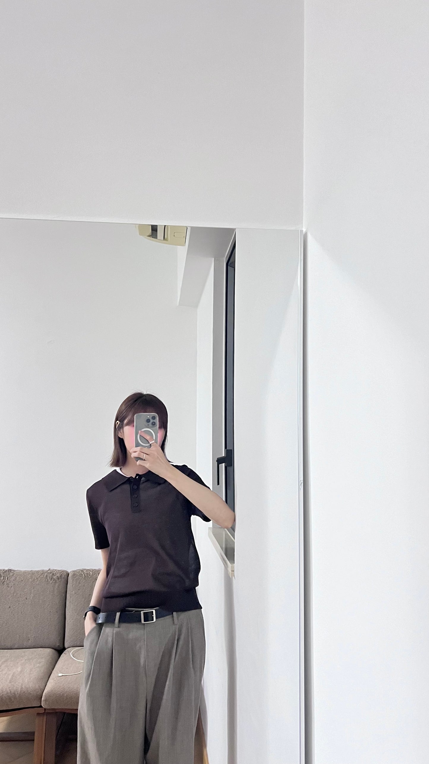 sheer buttoned polo shirt in brown (pre-order)