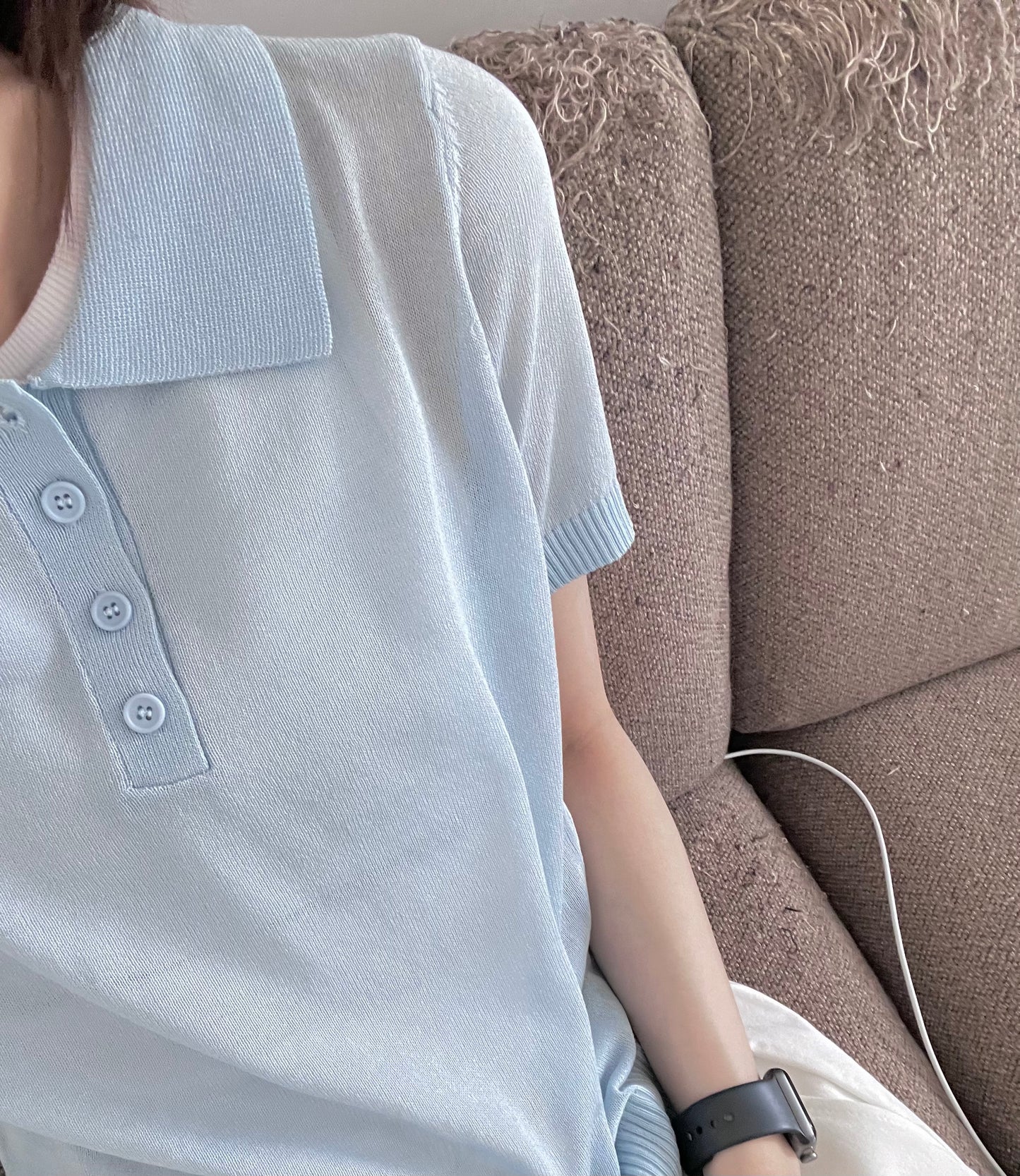 sheer buttoned polo shirt in baby-blue (pre-order)