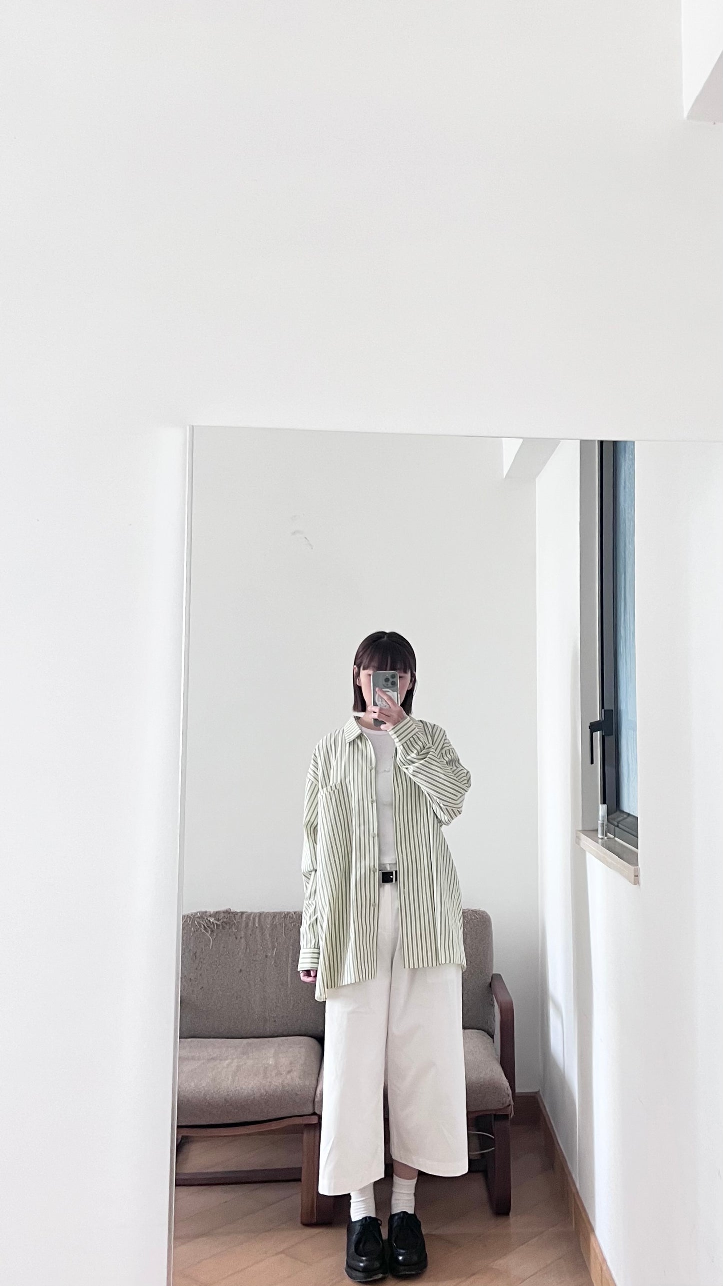 90s vintage off shoulder striped shirt in avocado green (pre-order)