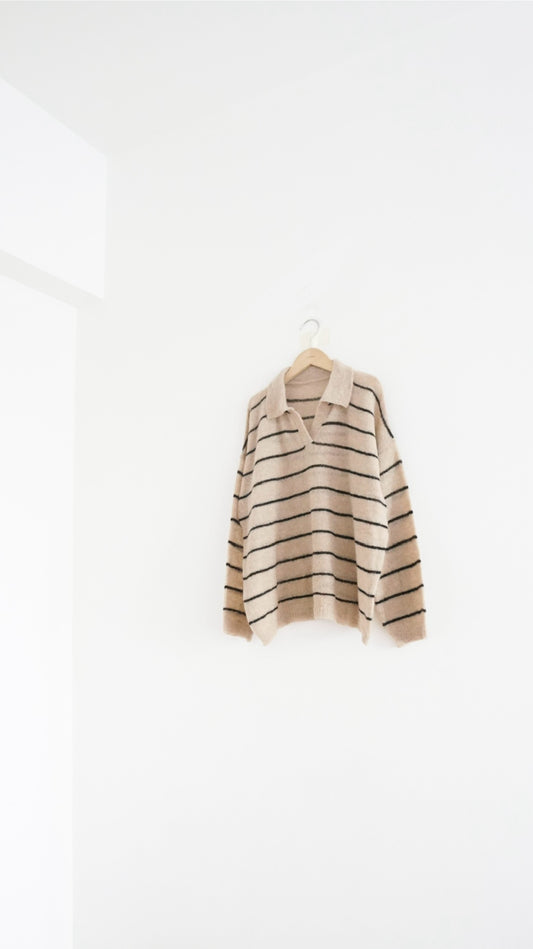 sheer knit polo shirt in beige (pre-order)