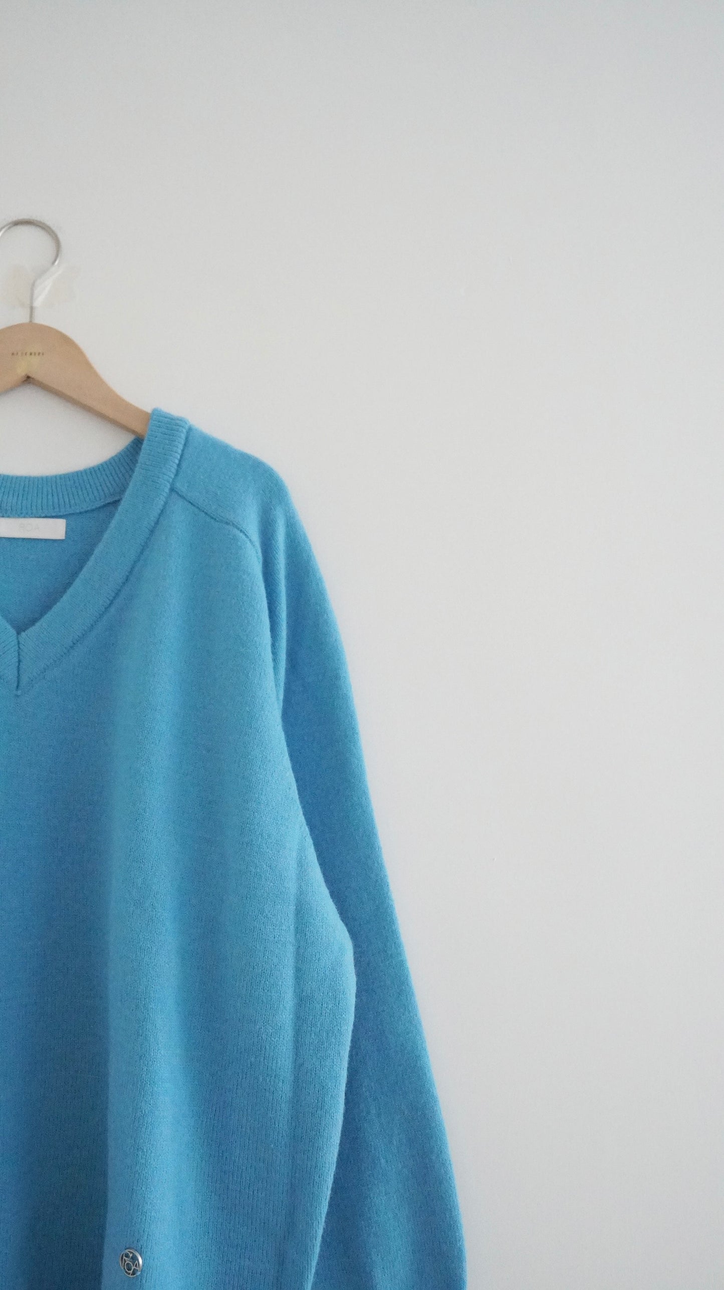 classic gender free v-neck wool sweater in lake blue