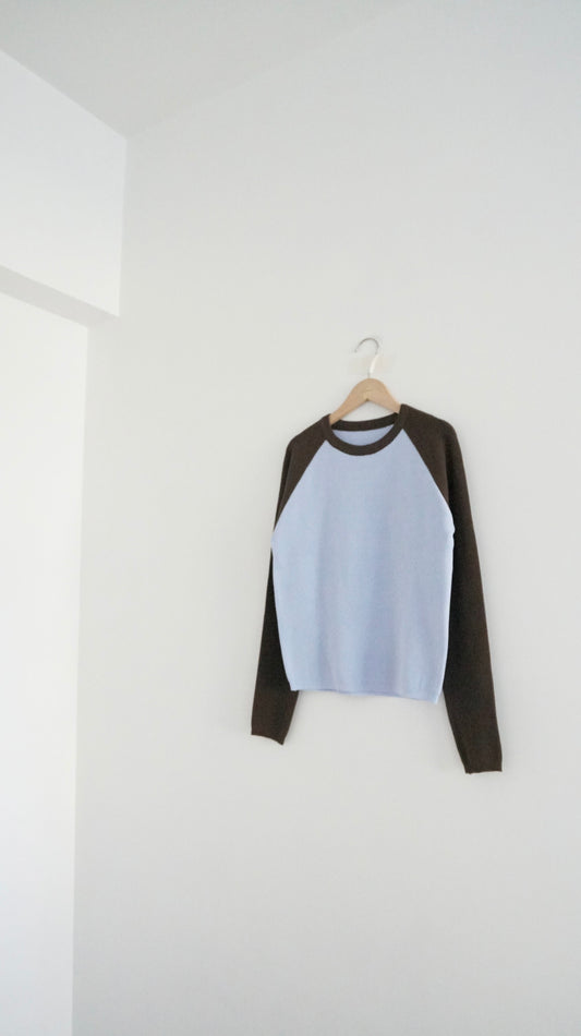 classic raglan sleeve knit top in light blue x brown (pre-order)