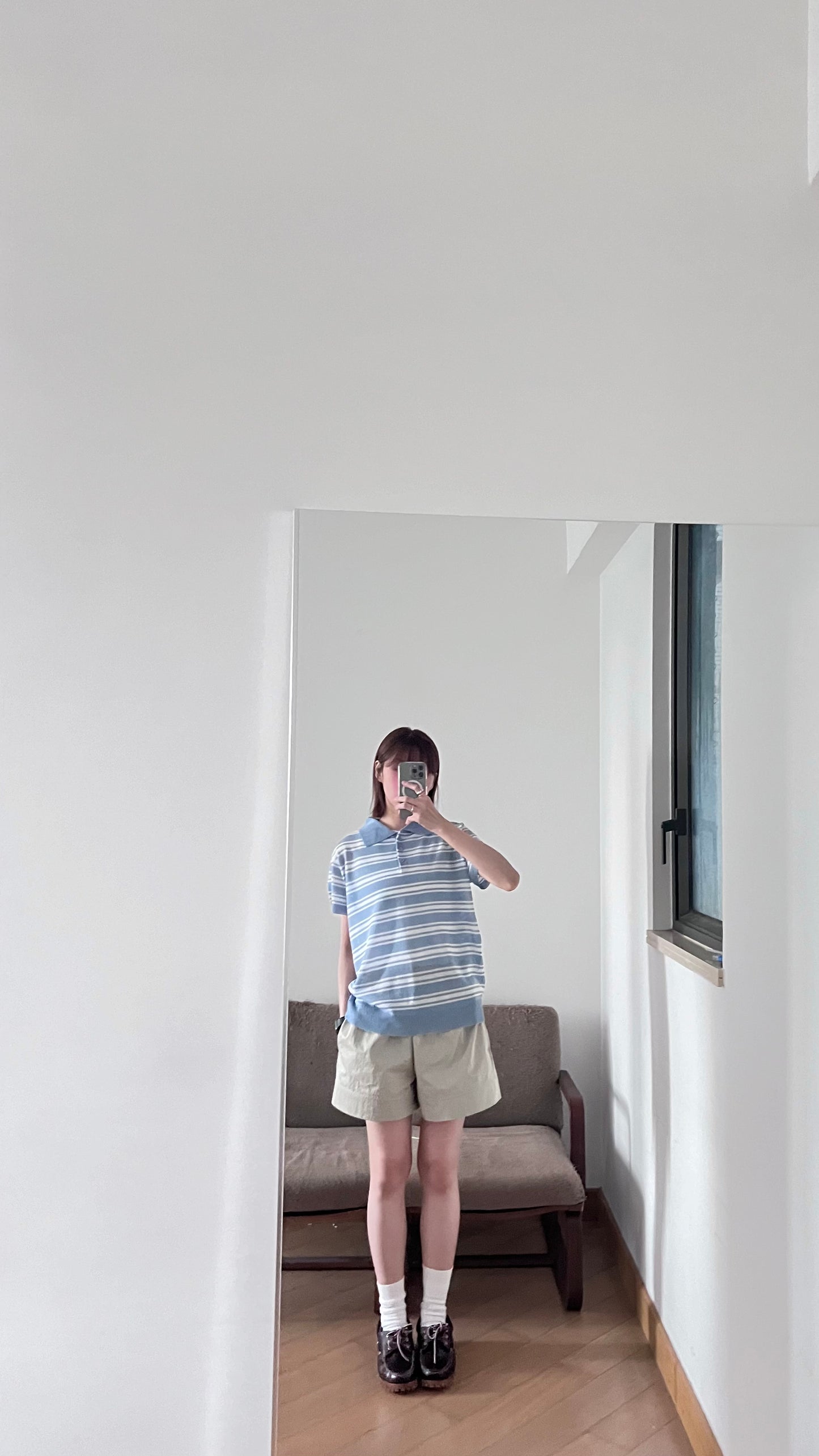 sheer stripe polo shirt in sora (pre-order)
