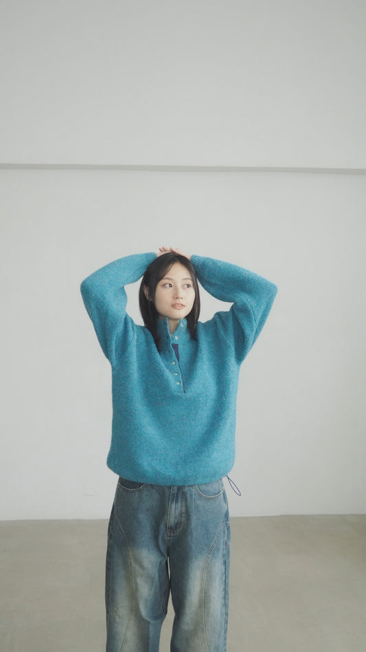 patchwork turtle-neck knitted sweater in lake blue (pre-order)