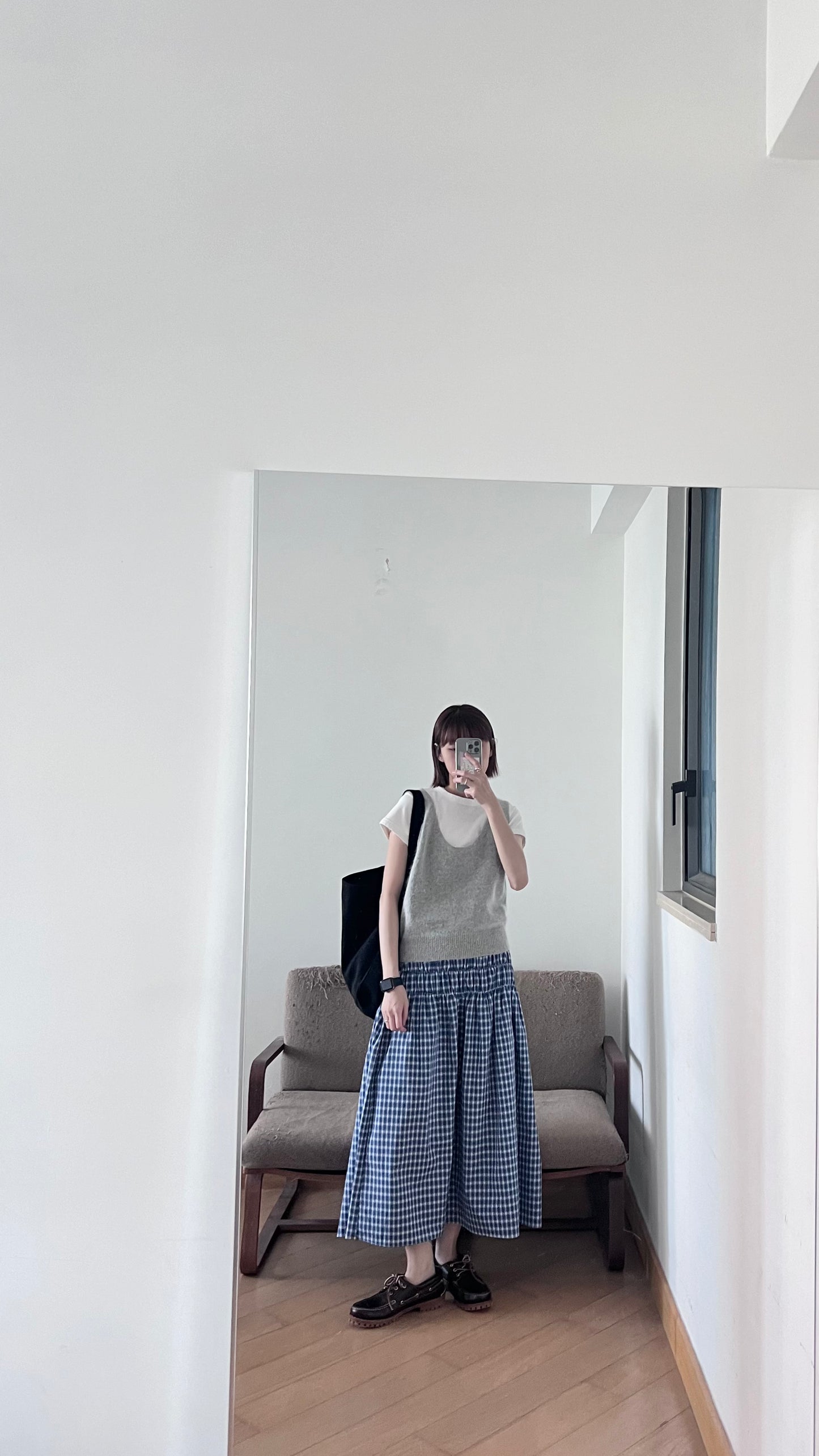 gathered check skirt in blue (pre-order)