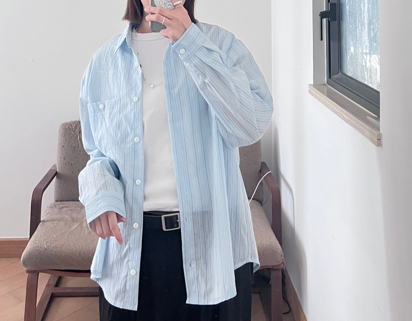 breezy stripe tencel shirt in baby-blue (pre-order)
