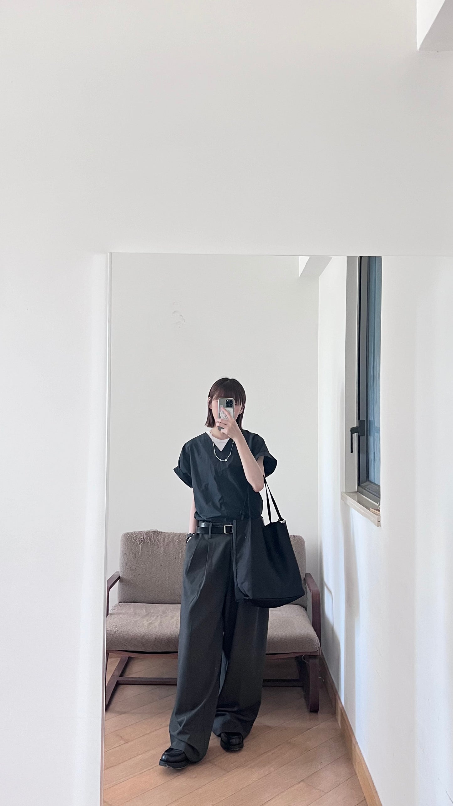 sheersense v-neck blouse in charcoal (pre-order)