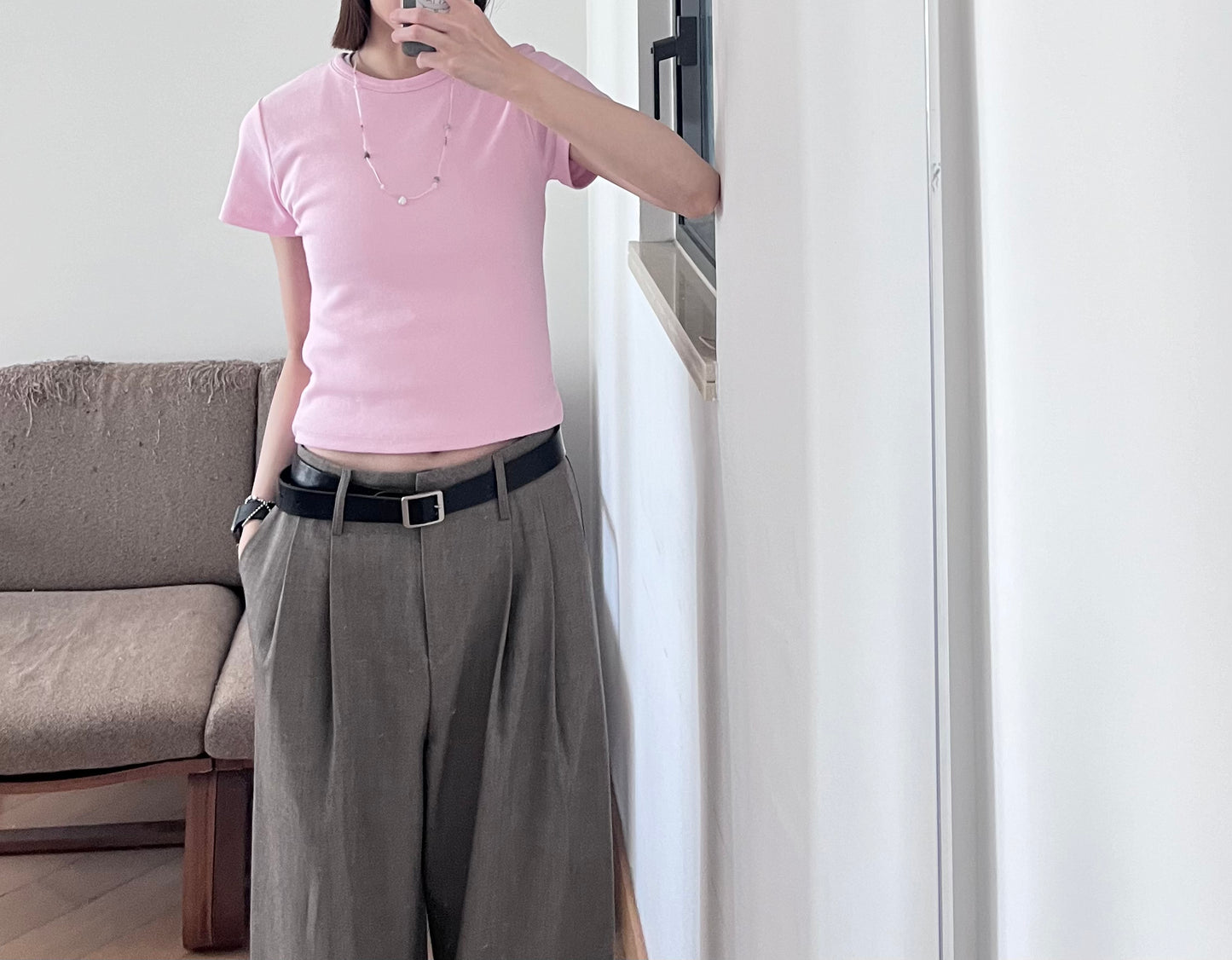 classic low-waisted wide pants in khaki (pre-order)