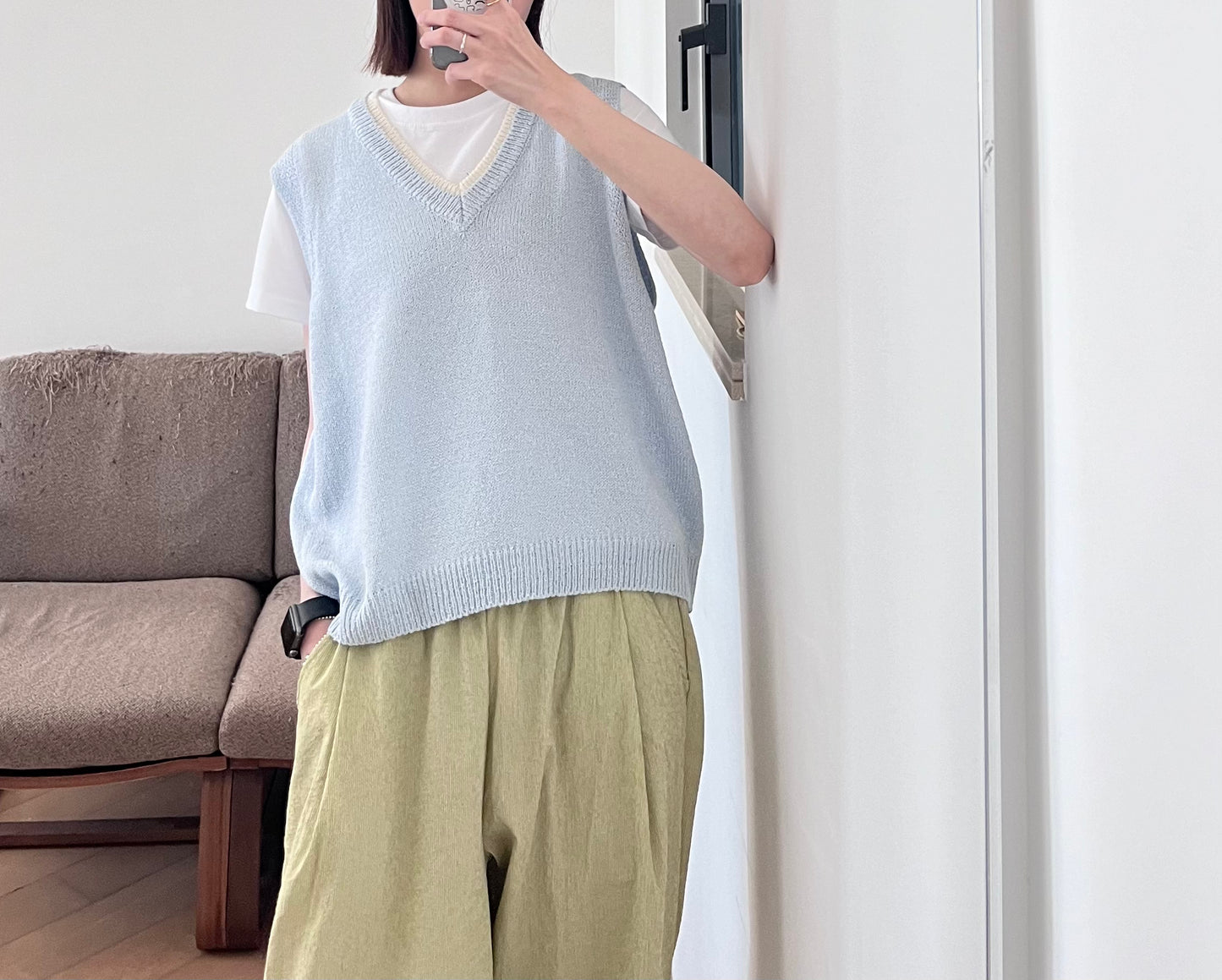 patchwork v-neck vest in baby blue (pre-order)