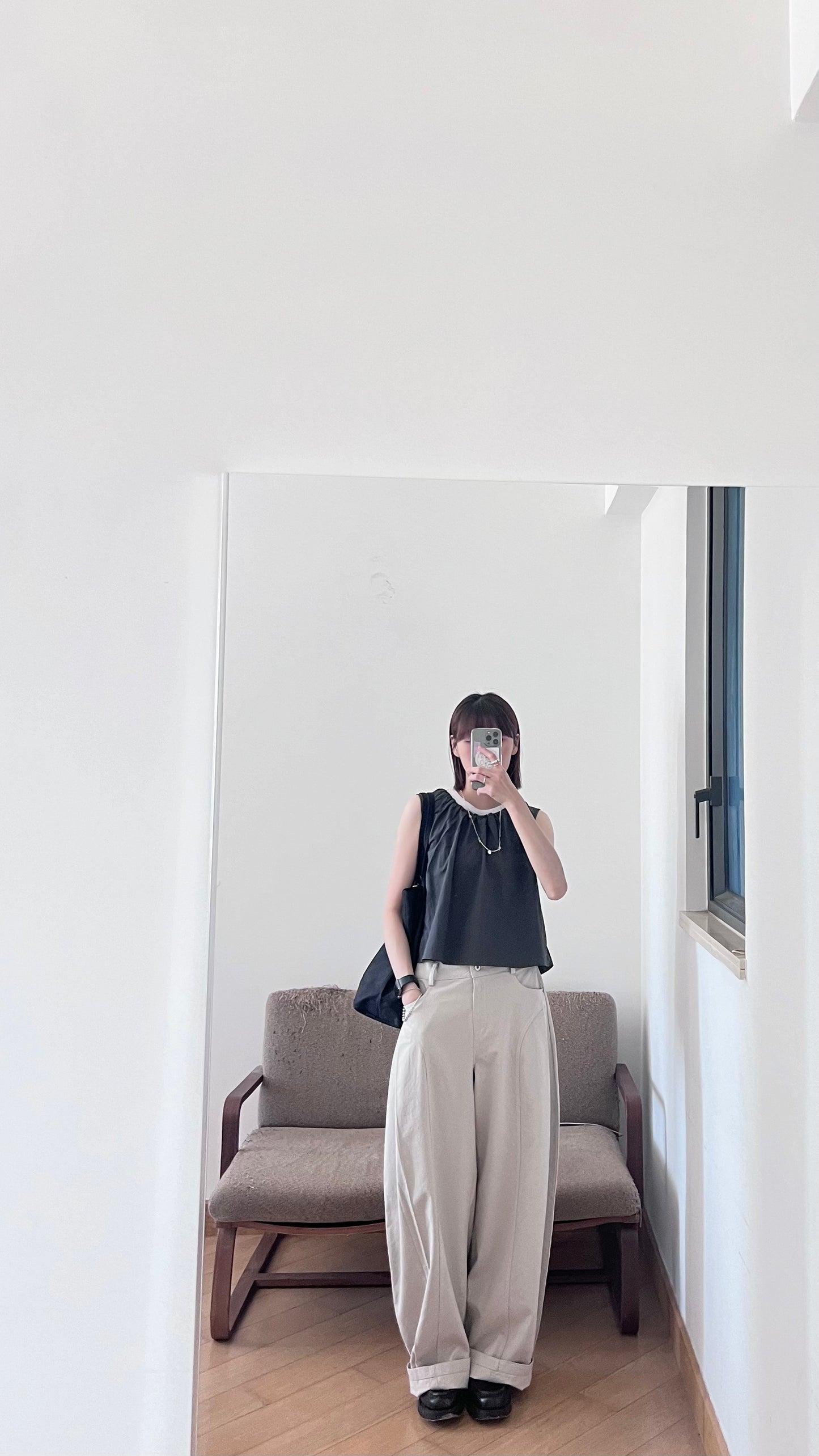 ruffle round neck blouse in charcoal (pre-order)