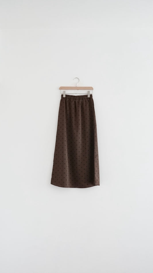 helen satin dot maxi skirt in brown (pre-order)