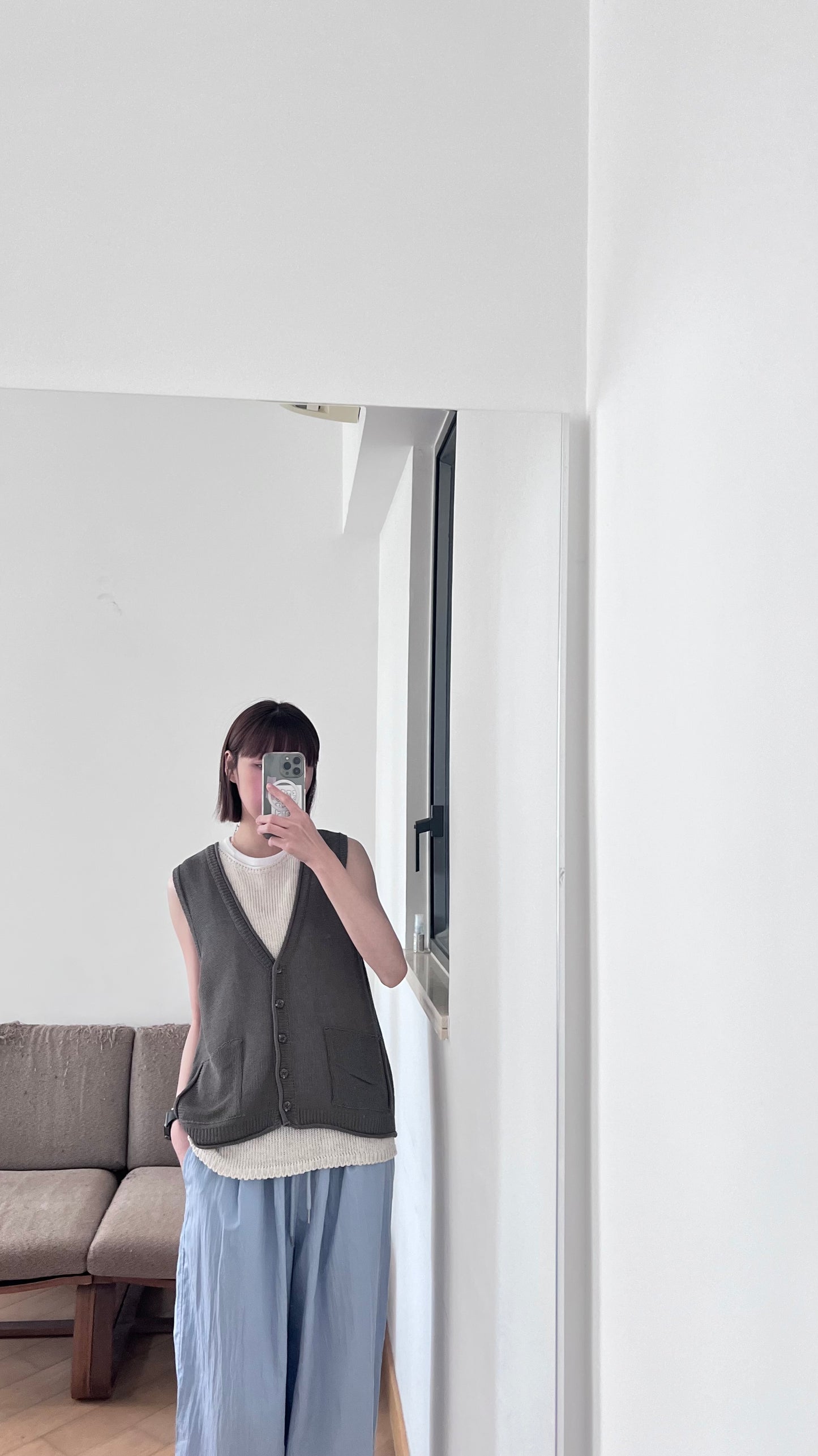 sheer v-neck linen vest  in khaki (pre-order)