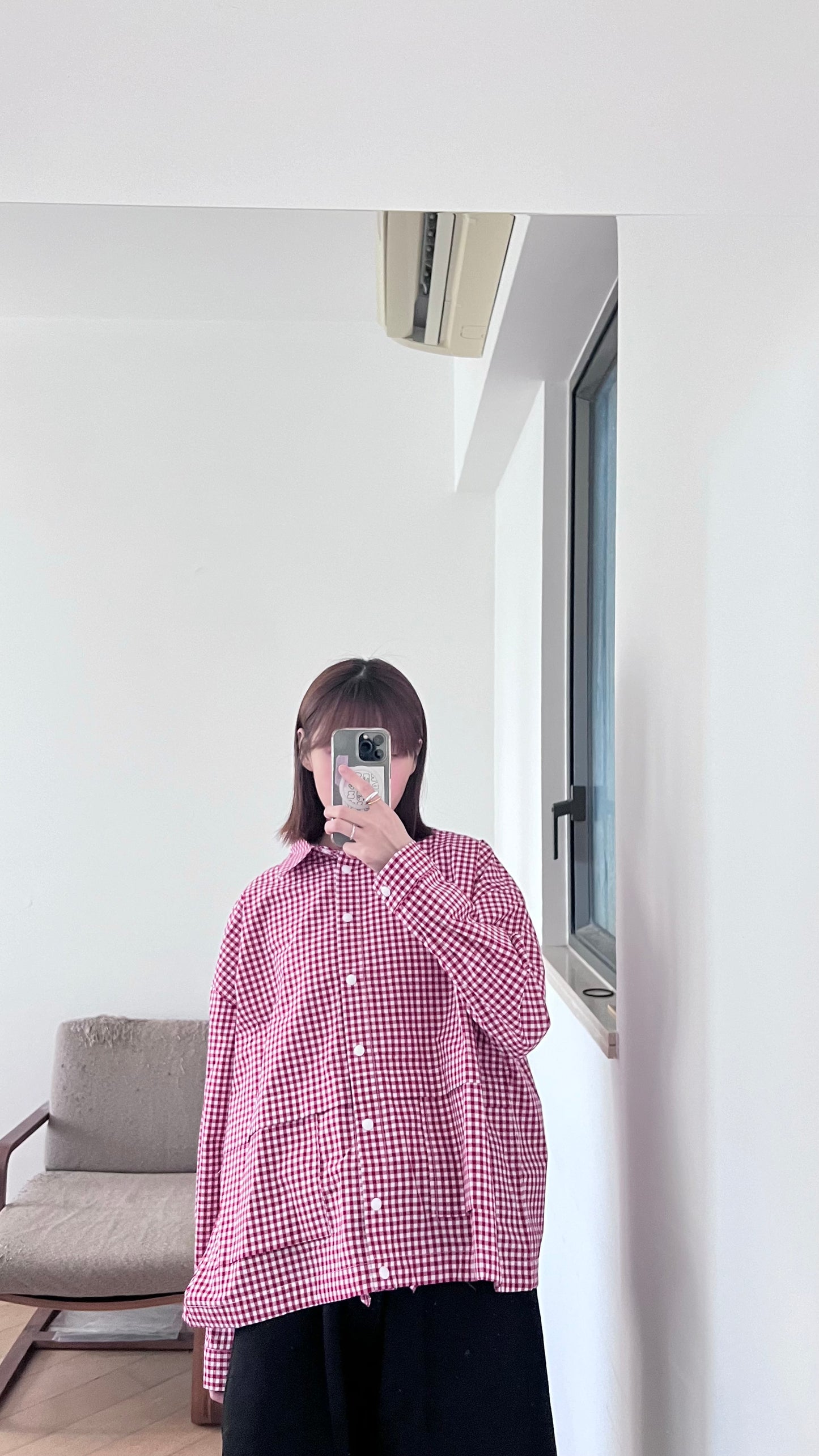 checked shirt jacket in cherry red