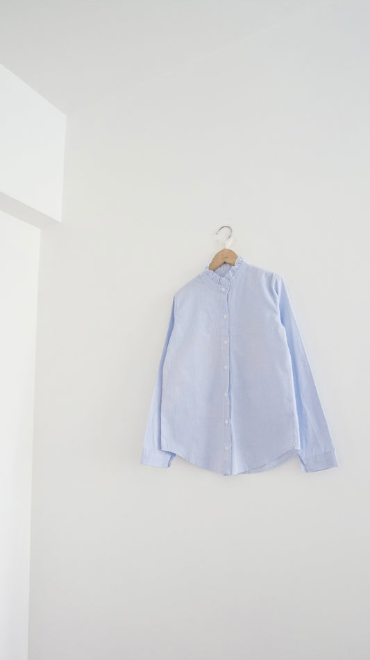 ruffle neck striped shirt in baby blue