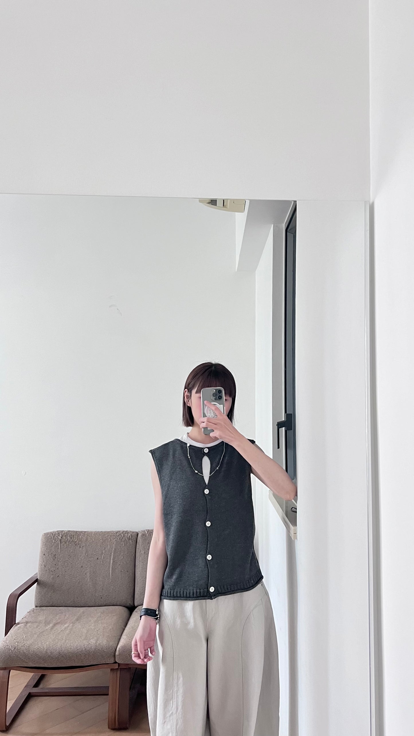 back side button linen vest in charcoal (pre-order)