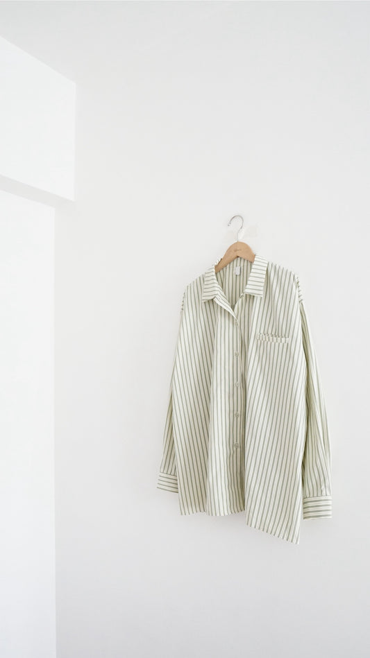 90s vintage off shoulder striped shirt in avocado green (pre-order)