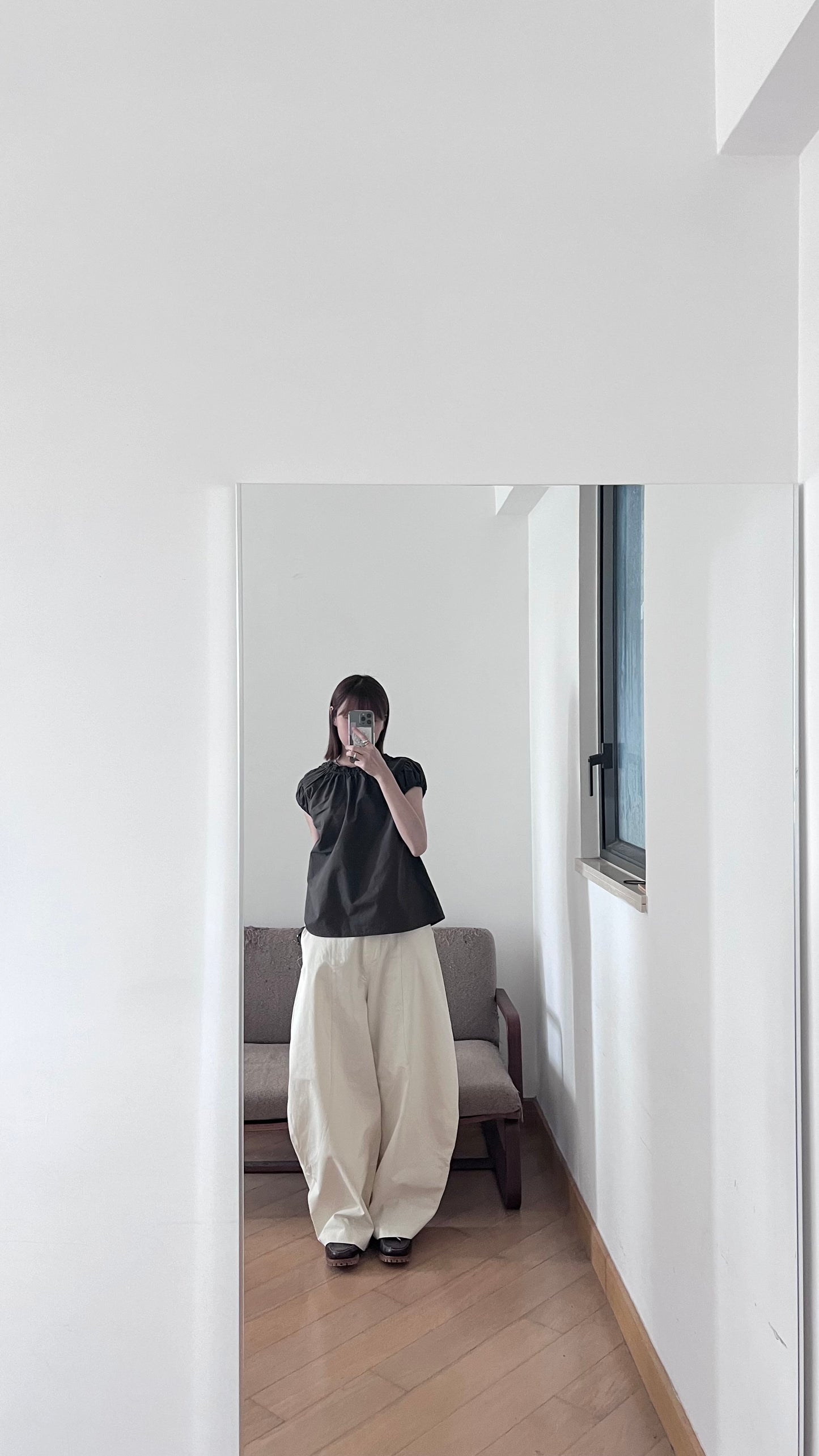 petal neck blouse in charcoal