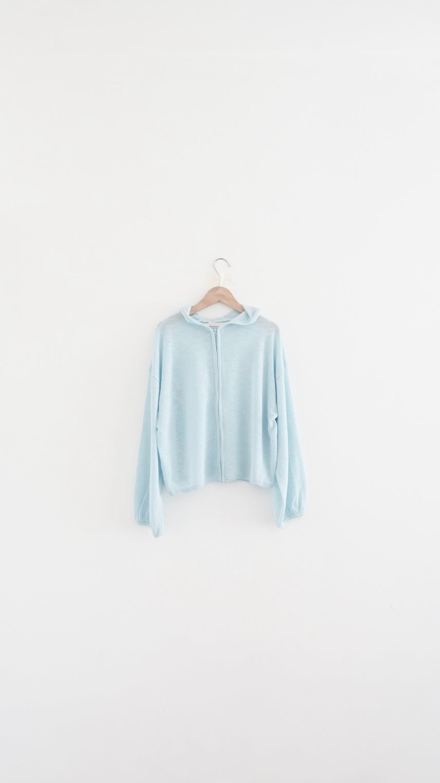 lucca linen blend sheer knit hoodie in sora (pre-order)