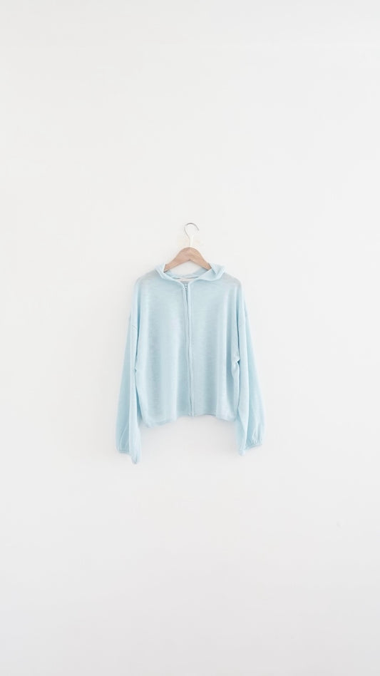 lucca linen blend sheer knit hoodie in sora (pre-order)