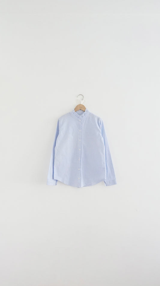 ruffle neck striped shirt in baby blue