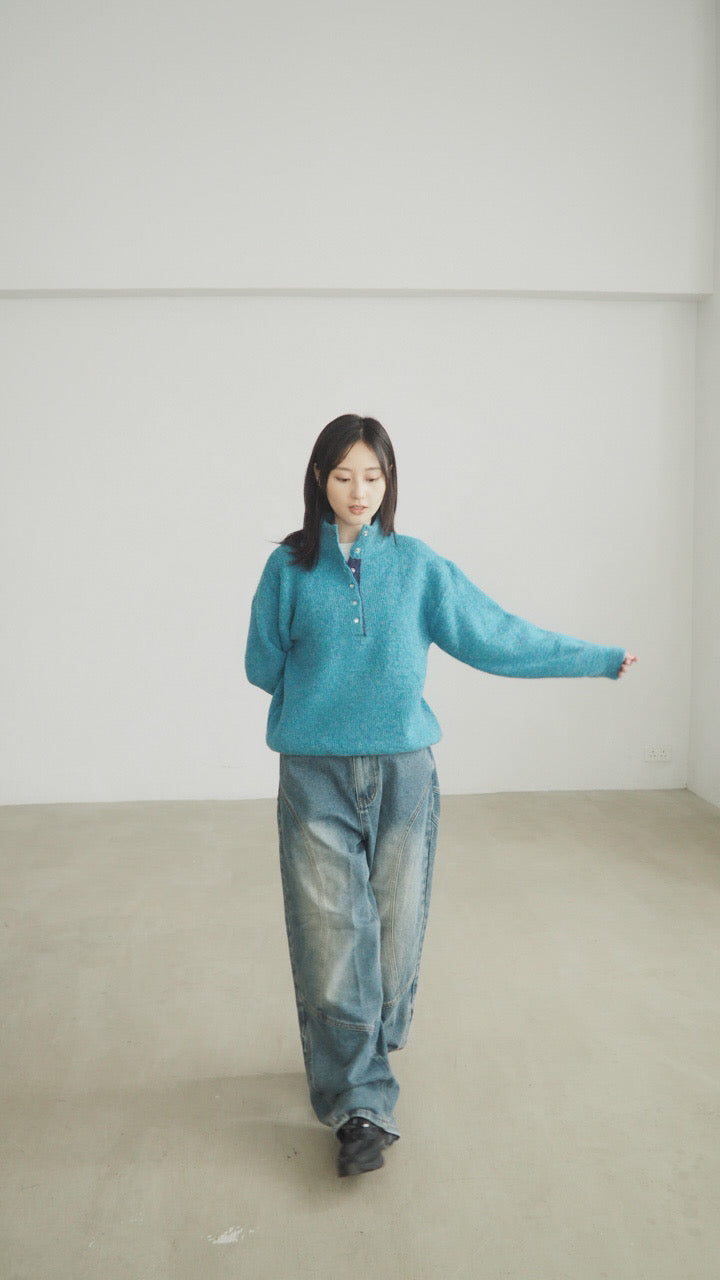 patchwork turtle-neck knitted sweater in lake blue (pre-order)