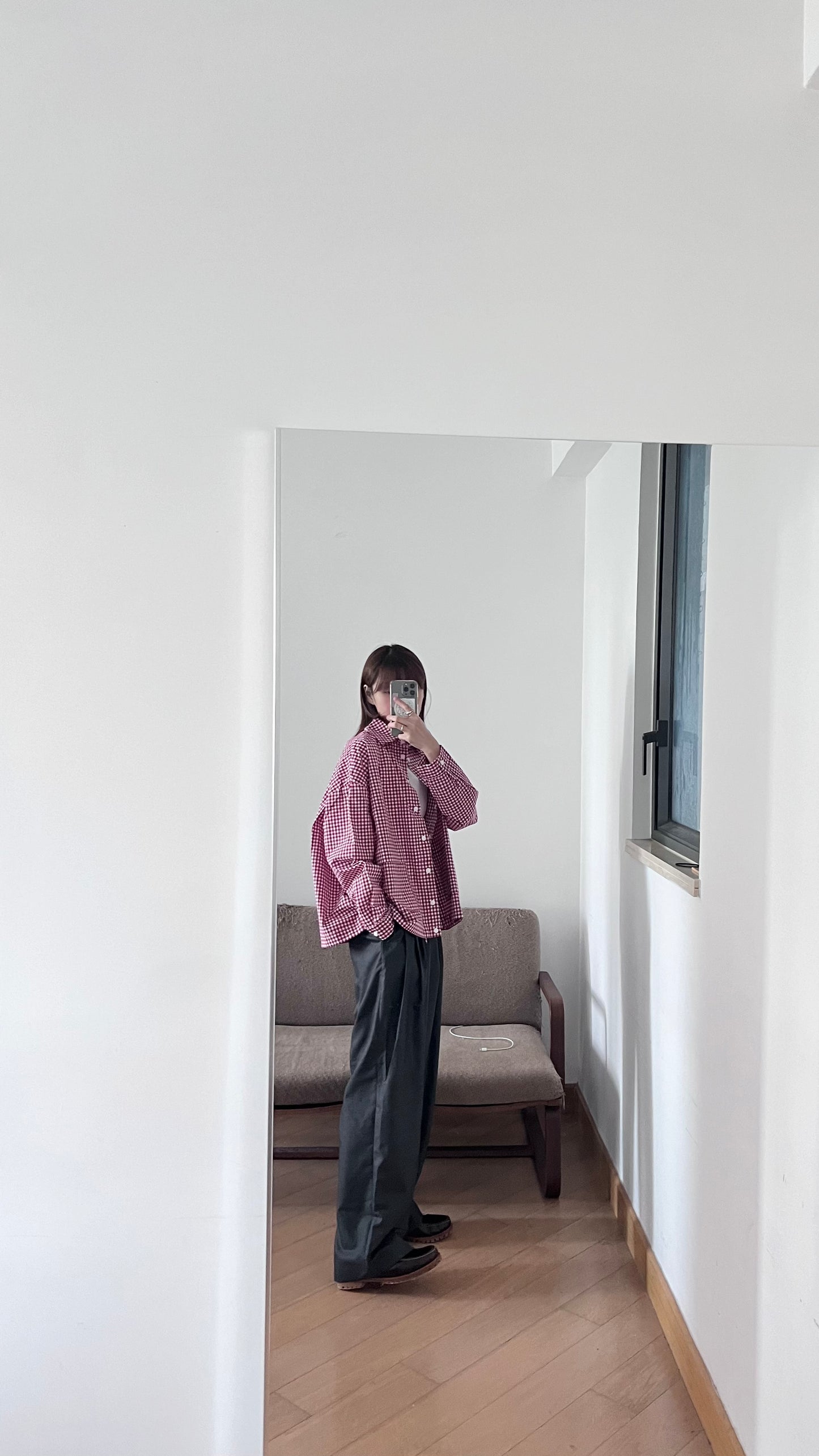 checked shirt jacket in cherry red