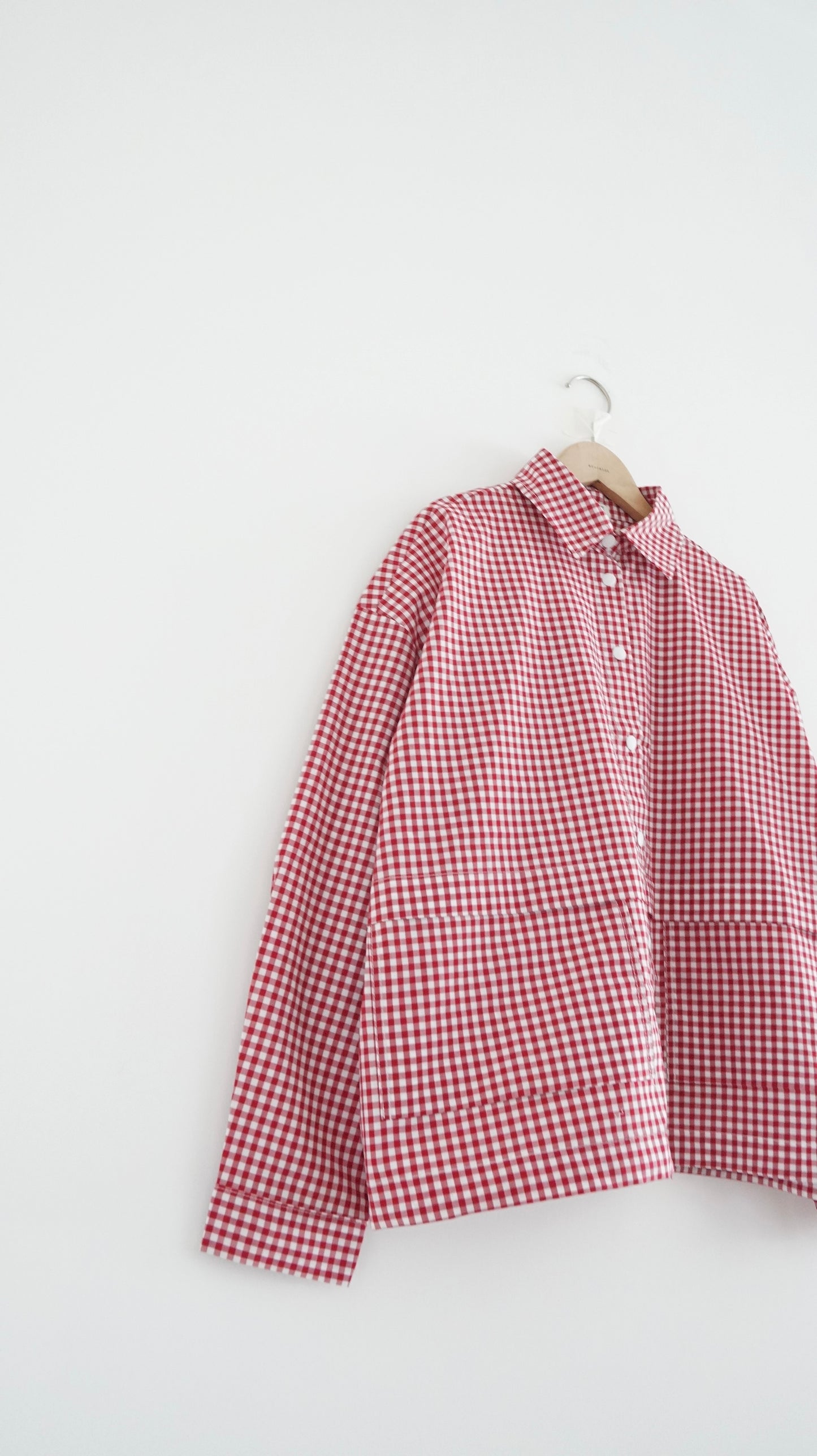 checked shirt jacket in cherry red