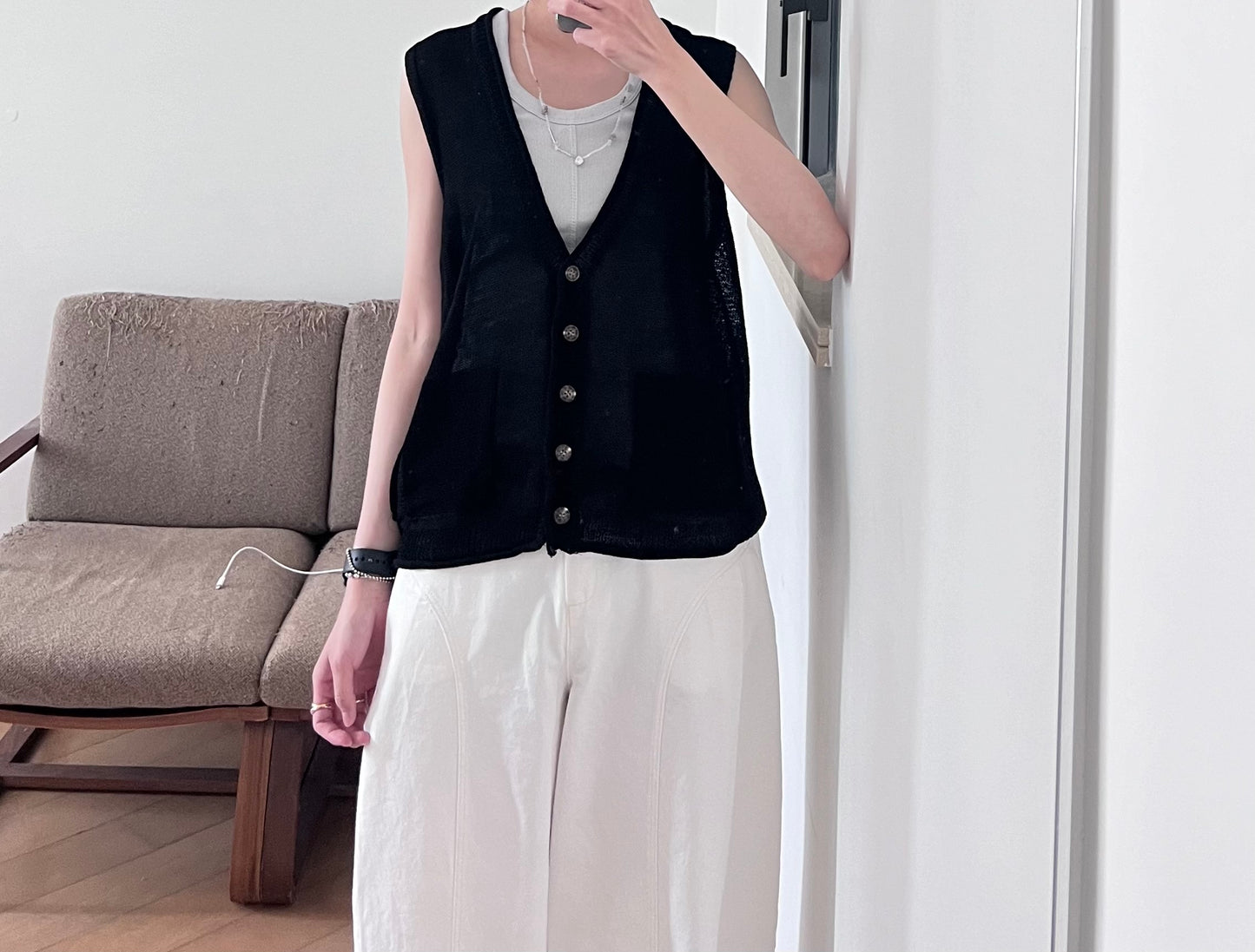 sheer v-neck linen vest  in black