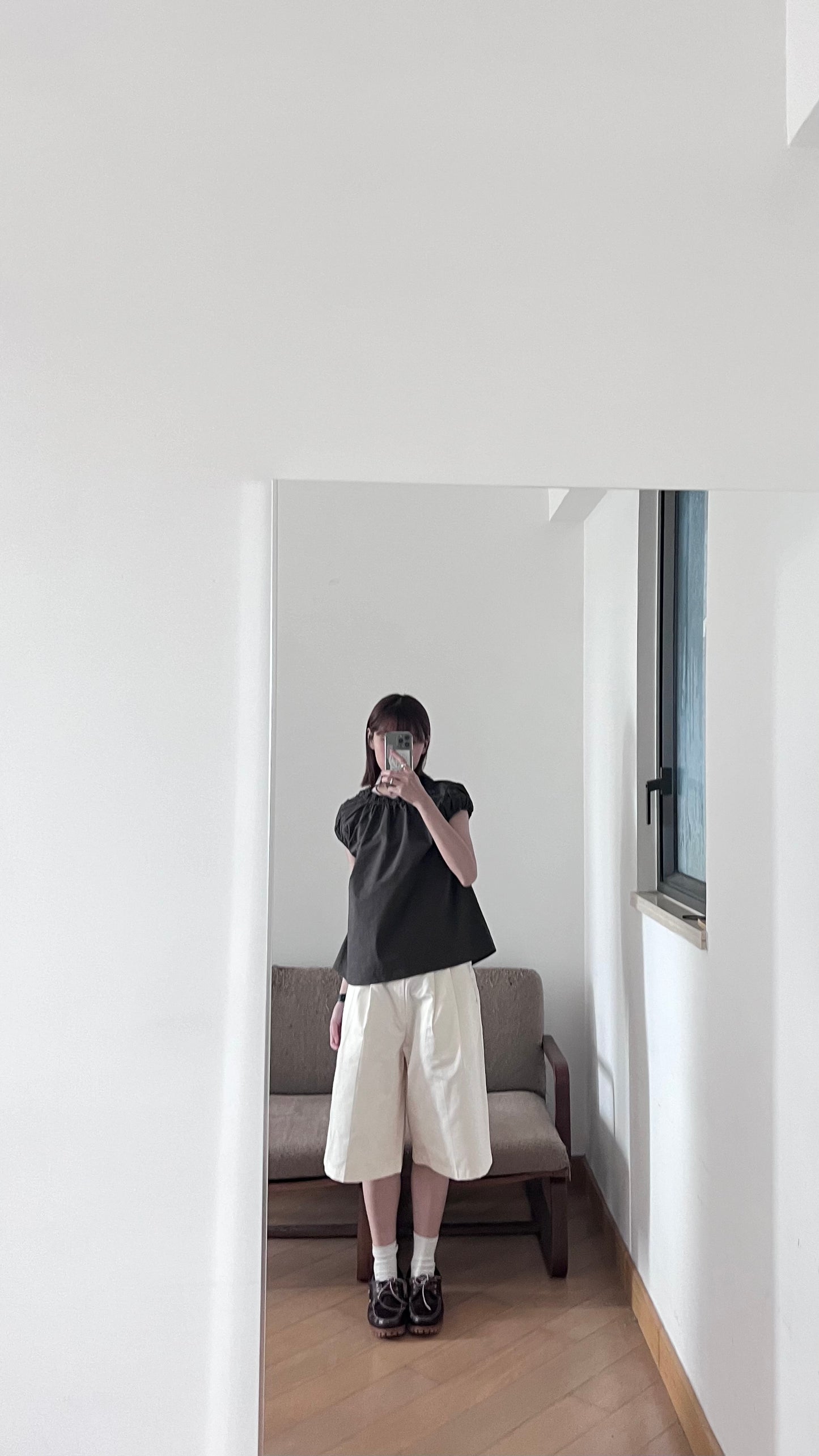 petal neck blouse in charcoal