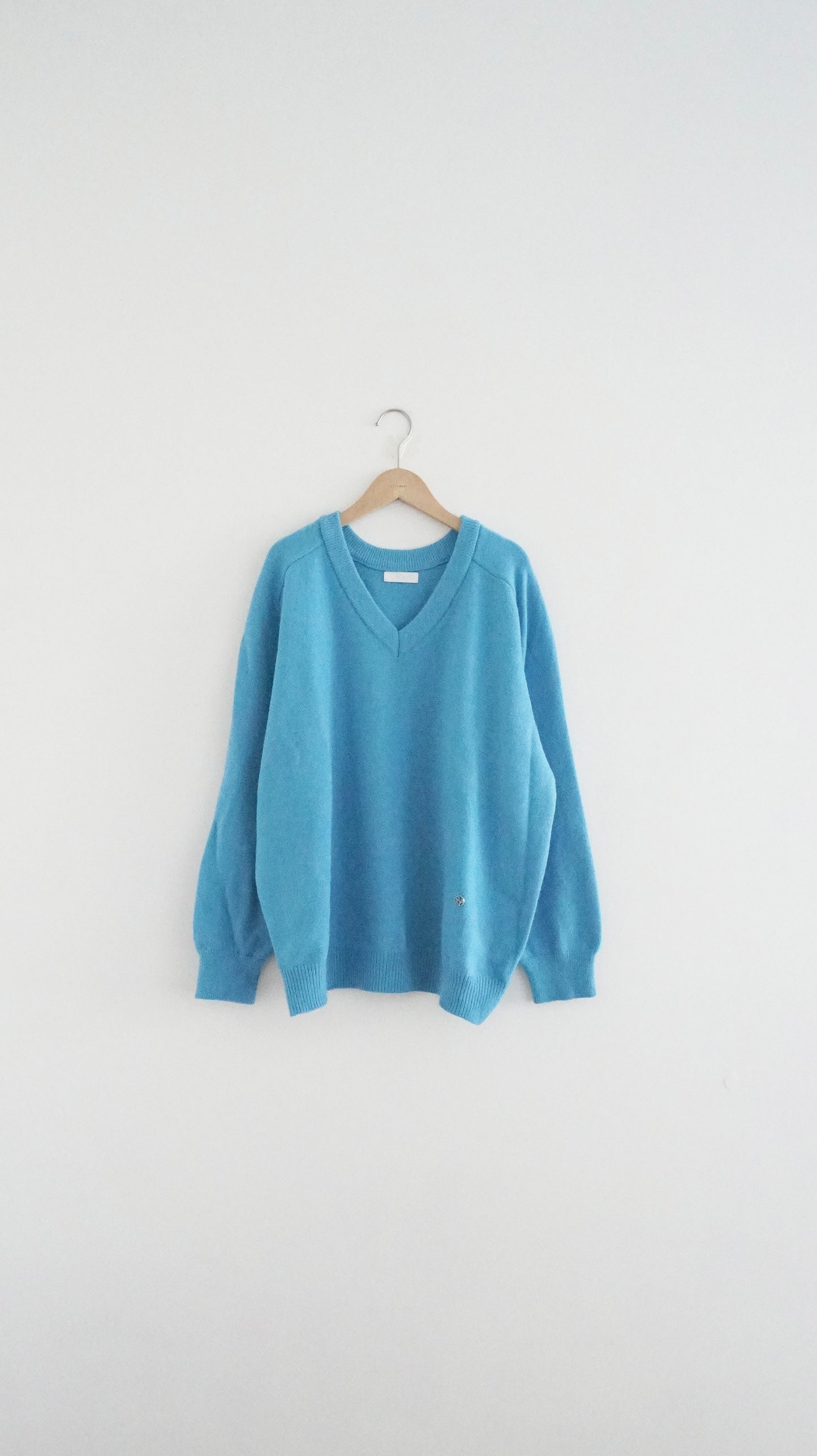 classic gender free v-neck wool sweater in lake blue