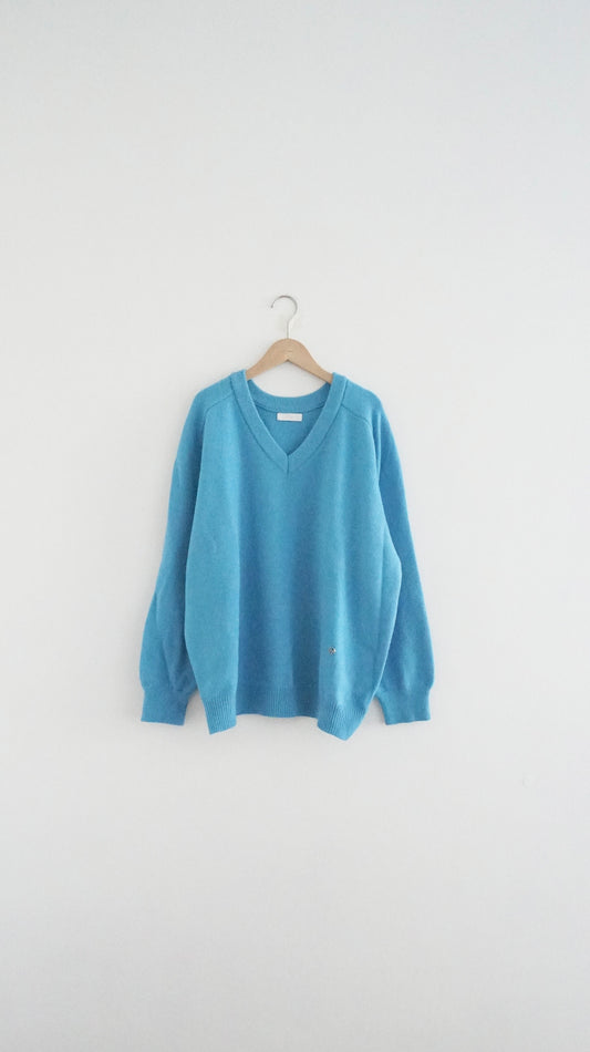 classic gender free v-neck wool sweater in lake blue