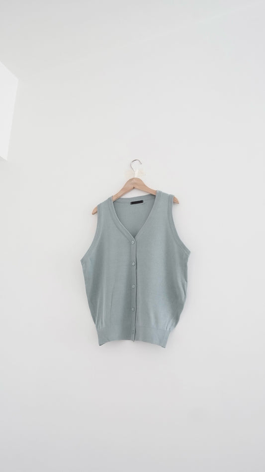 roma v neck button knit vest in grey green (pre-order)