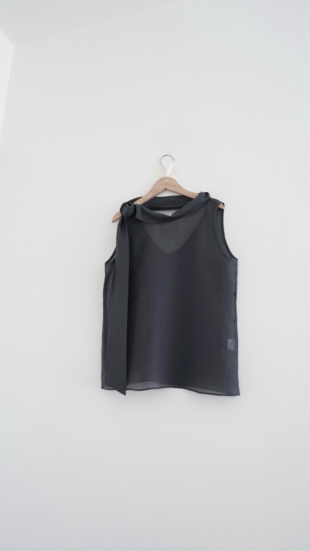 faro sheer draped neck sleeveless top in charcoal (pre-order)