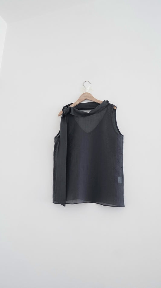 faro sheer draped neck sleeveless top in charcoal (pre-order)