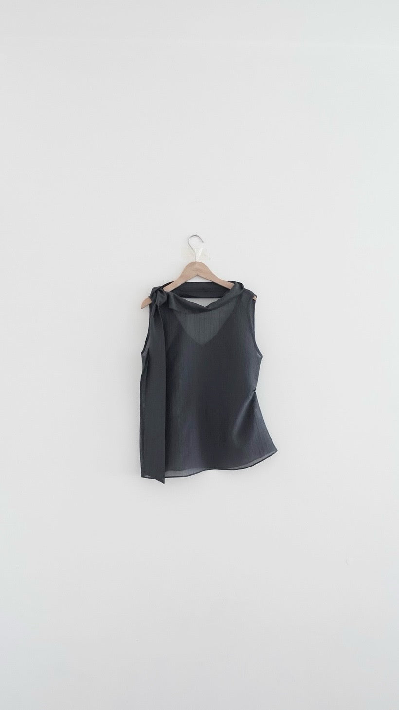 faro sheer draped neck sleeveless top in charcoal (pre-order)