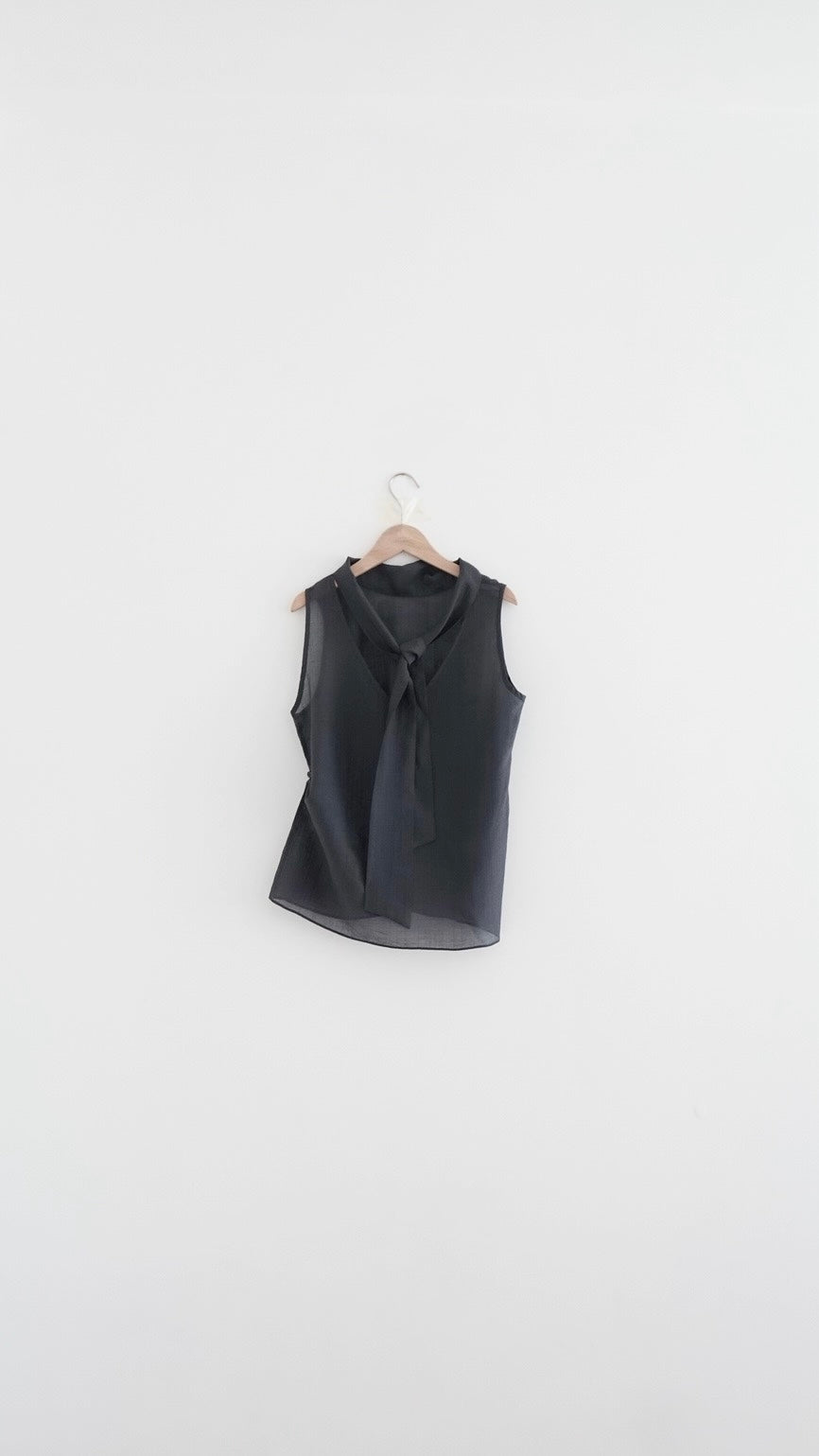 faro sheer draped neck sleeveless top in charcoal (pre-order)