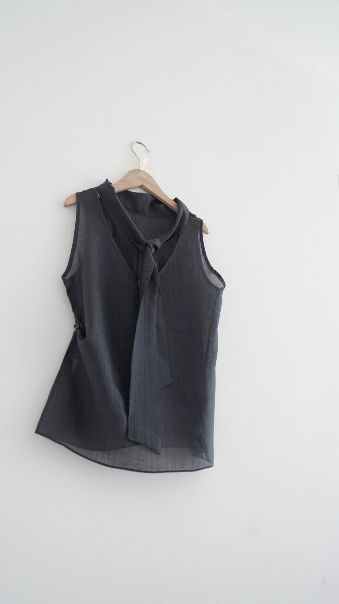 faro sheer draped neck sleeveless top in charcoal (pre-order)
