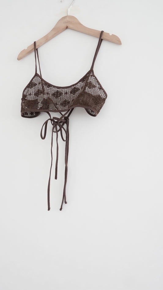 ariel floral lace-up cropped camisole in brown (pre-order)